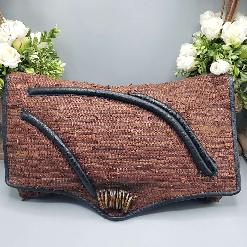 Roberto D'esiderio Lrg Brown Black Braided Clutch - Vintage Foldover 17x10